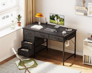 Computer Desk with 6 Drawers, 40 Inch Small Desk with Storage, Reversible Desk with Headphone Hook for Home Office, Work Study Table for Bedroom, Blac