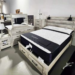 Cambeck Whitewash Bedroom Set with Storage (King/Queen Bed, Dresser, Mirror, Nightstand, Chest) /P