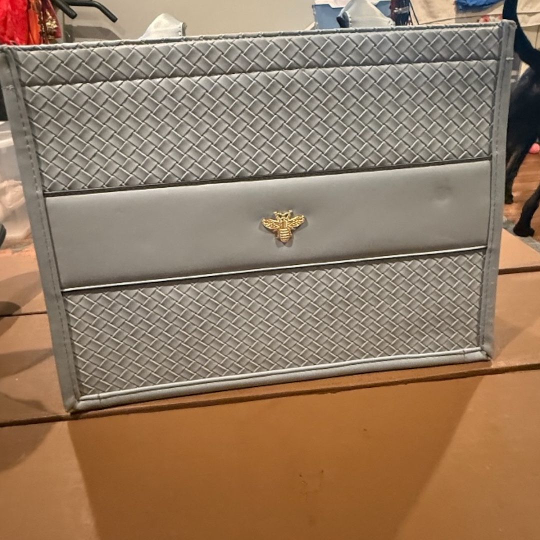 Large Light Blue Cartera Grande Quilted Tote Bag with Gold Bee Emblem