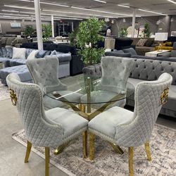 Versace dining set 4 chairs+ glass table, Bench Buffet Cabinet Livingroom Sofa Sectional Sleeper Mattress Mirror Chest Nightstand Bed Frame 