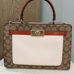 Coach Brown and Cream Satchel with Crossbody Strap