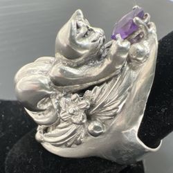 Vintage Carol Felley Sterling Silver Amethyst  Cat Ring Size 8.75 - 19.5g