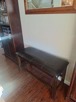 Brown Espresso Counter Height Bench Footrest Faux Leather Upholstered Seat Wooden Furniture.