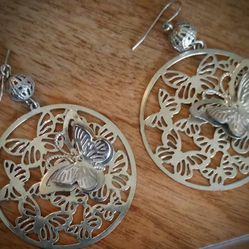 Butterfly Drop Dangle Earrings Silver Tone