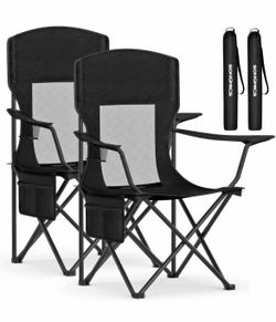 Breathable Camping Chairs, Foldable Outdoor Chairs Set of 2, High Back, Adjustable Armrests, Drink Holder, Weight Capacity 330 lb, for Sports Garden B
