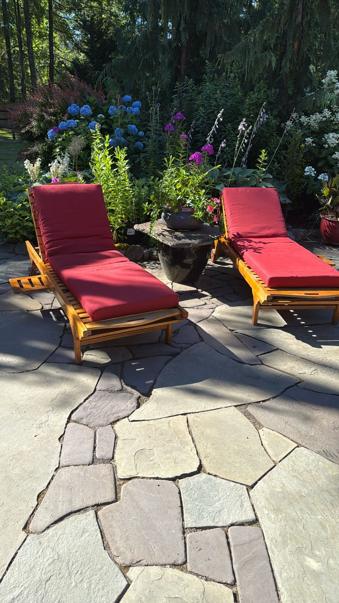 Beautiful Top Grain Teak Reclining Loungers