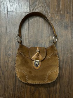 Vintage Prada 2000s Brown Suede Whipstitch Grommet Shoulder Bag
