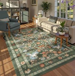 Vintage Floral Animal Rug - Non Slip Washable Low Pile Area Rug 5 x 7