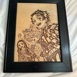 Demon Slayer Wood Burn Framed