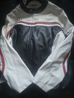 EXCHANGE Leather Jacket with White and Black Panels and Red Label Biker Jacket