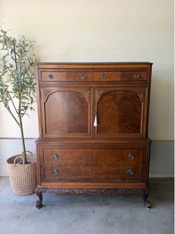 Antique Burl Wood Highboy Dresser / Cabinet