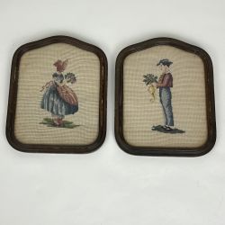 Vintage Needlepoint Framed Wall Art Woman in Bonnet Man with Flowers