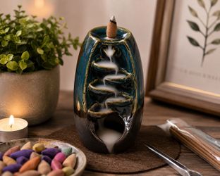 Ceramic Backflow Incense Burner Waterfall Holder Set w/ 120 Cones, Sticks Kit