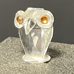 Vintage 1980s Clear Crystal Owl Figurine Amber Eyes, 1”