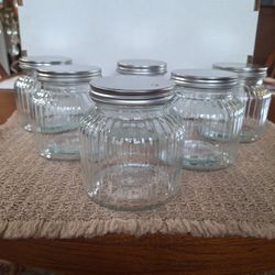 Set of 6 Ribbed Glass Jars with Metal Lids