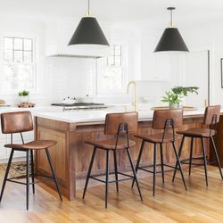 24.5" Red Brown Bar Stools Set of 4, Faux Leather Upholstered Counter Height Bar Stools with Backs, Metal Footrest and Legs, Armless Bar Chairs for Ki