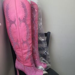 Pink RHINESTONE Thigh High Cowboy Boots