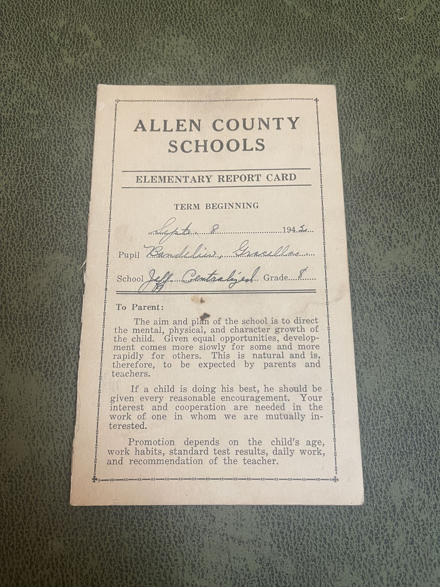1942 Allen County Schools Elementary Report Card