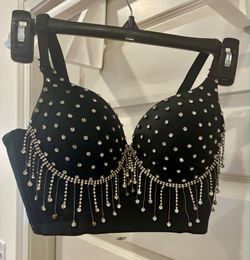 Rhinestone Fringe Bustier Crop Top 34B XS Black Festival Clubwear Y2K