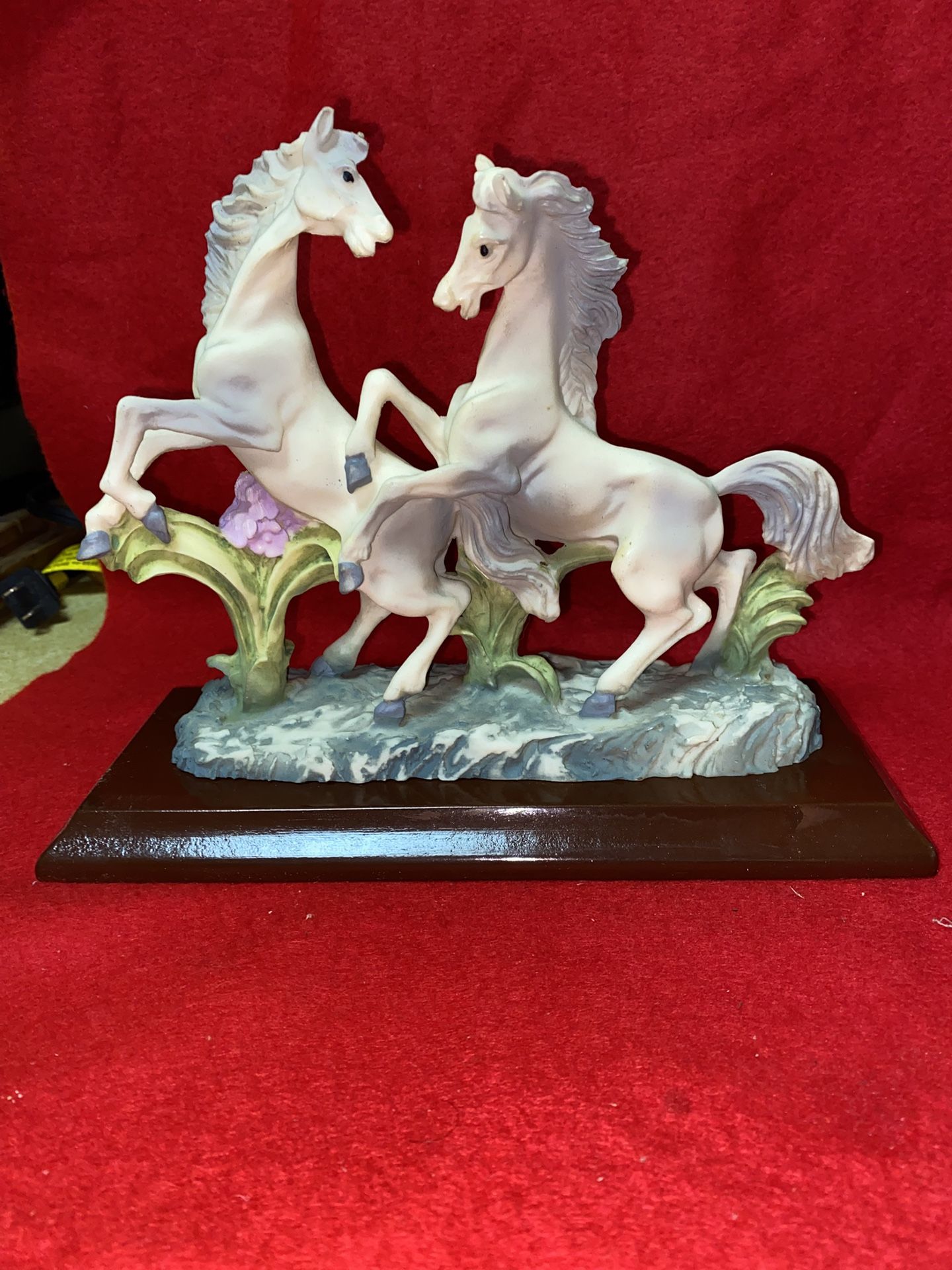 9.25 Inch x 7.5 Inch Painted Alabaster Horses Statue Imported From Greece