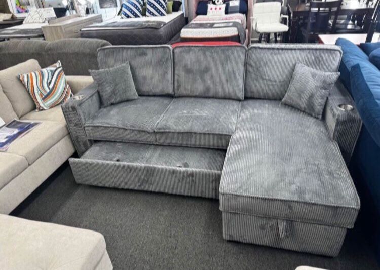 2-pc Sectional Sofa Couch W/ Pull-out Bed, Sleeper,Storage & USB Ports