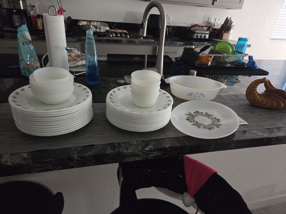 Milk glass plate set pyrex Corning 28 pieces  federal milk glass patio snack dishes plates bowls mcm