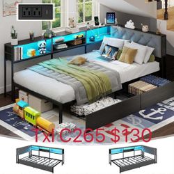 Corner Bed Frame with Storage Bookcase and LED Lights Twin Platform Bed (c265)