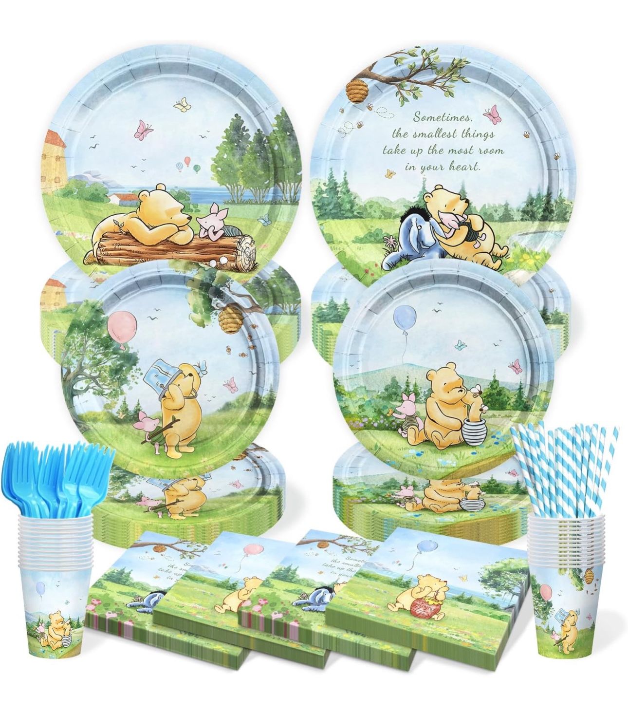 300 Pcs Winnie Bear Baby Shower Plates and Napkins Tableware Set, Plates Napkins Cups Straws and Forks Sets, Winnie Baby Shower Decorations Birthday P