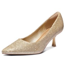 Mysoft Womens Pumps 2in Kitten heel pointed toe Gold  Glitter