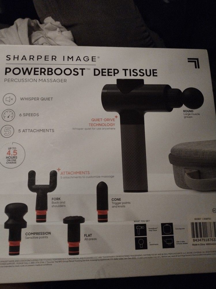 Power Boost Deep Tissue Percussion Massager Sharp Image Six Speeds Five Attachments Quiet Drive Technology Comfort Grip Up To 5 1/2 Hours On One Charg