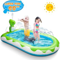 Inflatable Sprinkler Pool for Kids Large 68", 3 in 1 Inflatable Dinosaur Sprinkler Pool Water Toys for Cool Summer, Splash Playing Mat Kiddie Pool Kid