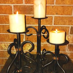 Trio Of Hand-Forged Black Wrought-iron Candle Holders w/ Copper Accents Candles are Included 