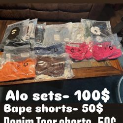 Alo Sets 100$/Bape Shorts 50$/denim Tear Shorts50$/ Vale Shirt50$