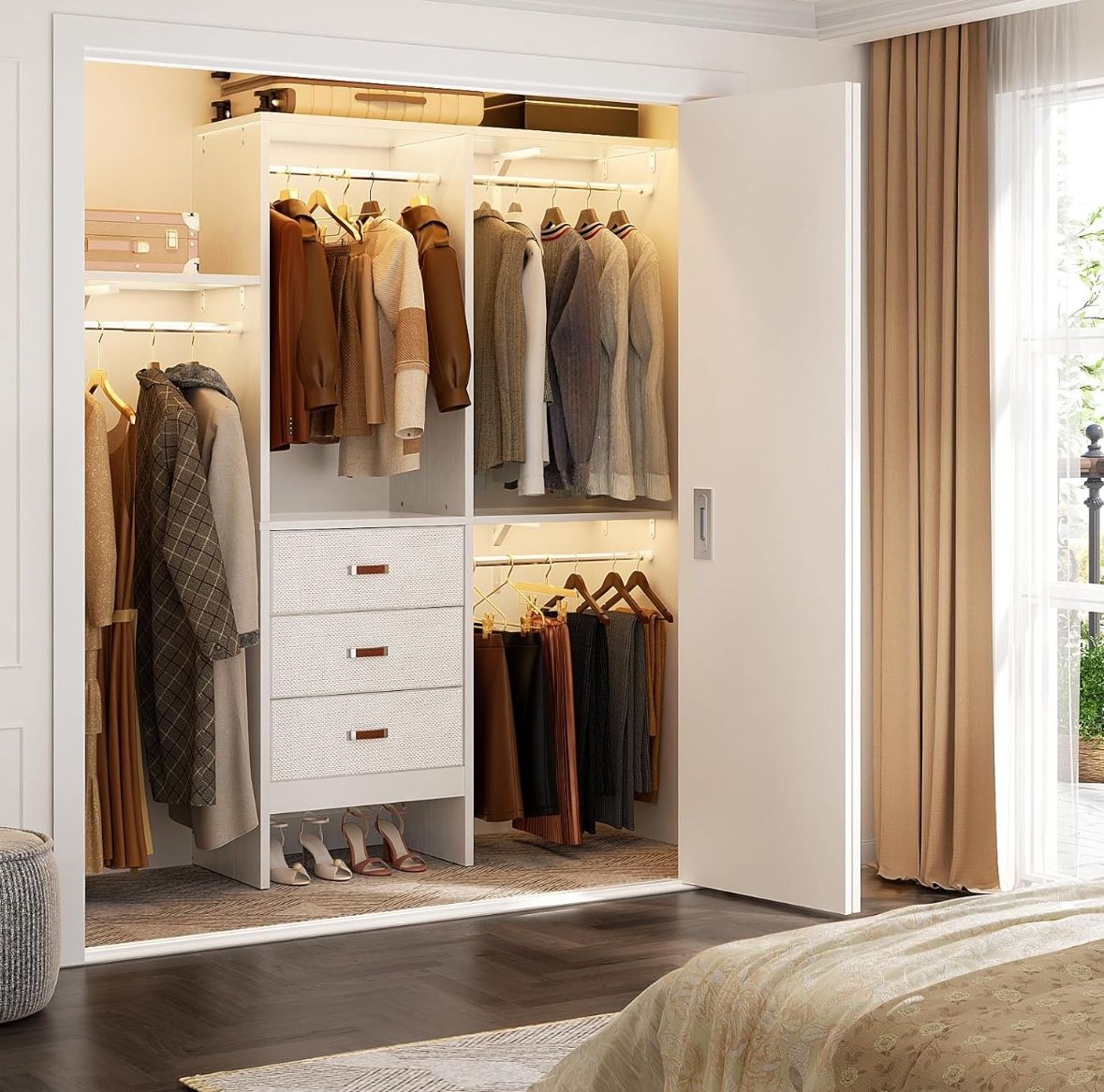 5FT Small Closet System with 3 Fabric Drawers, 60 Inches Walk In Closet Organizer System With 3 Adjustable Shelves, Heavy Duty Clothes Rack Built-In G