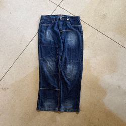 Phat Farm Men's Jeans 36x33 Blue Denim Patchwork Distressed Baggy Hip Hop Y2K