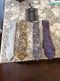 Lot of 4 Men's Dress Ties and Tie Hanger