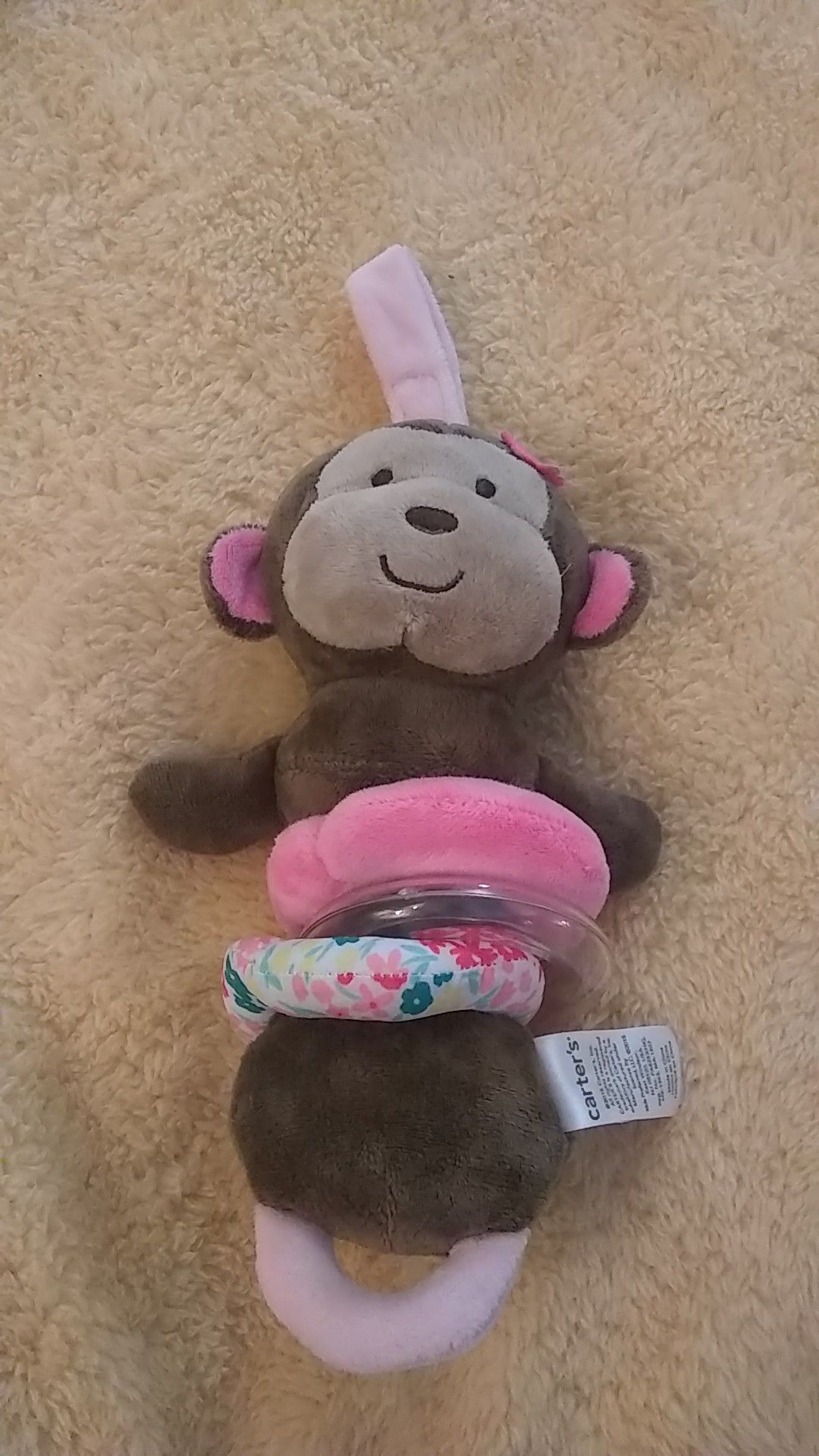 Carter's Brown Pink Monkey Girl Plush Crib Toy Rattle