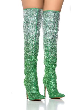 Azalea Wang green rhinestone knee high heels