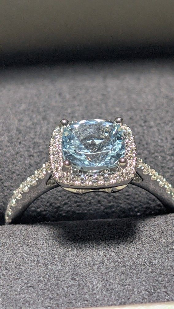 Aquamarine and Diamond 14kt White Gold Halo Ring