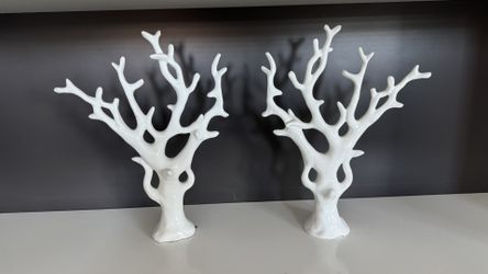 Set of 2 Modern High-Gloss White Coral Sculptures 14” Height x 11” Wide 