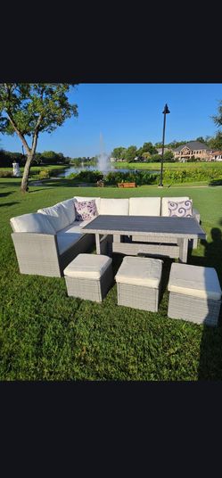 Designer 7-Piece Outdoor Sectional Dining Set – Modern Wicker, Deep Seating, Like New delivery available