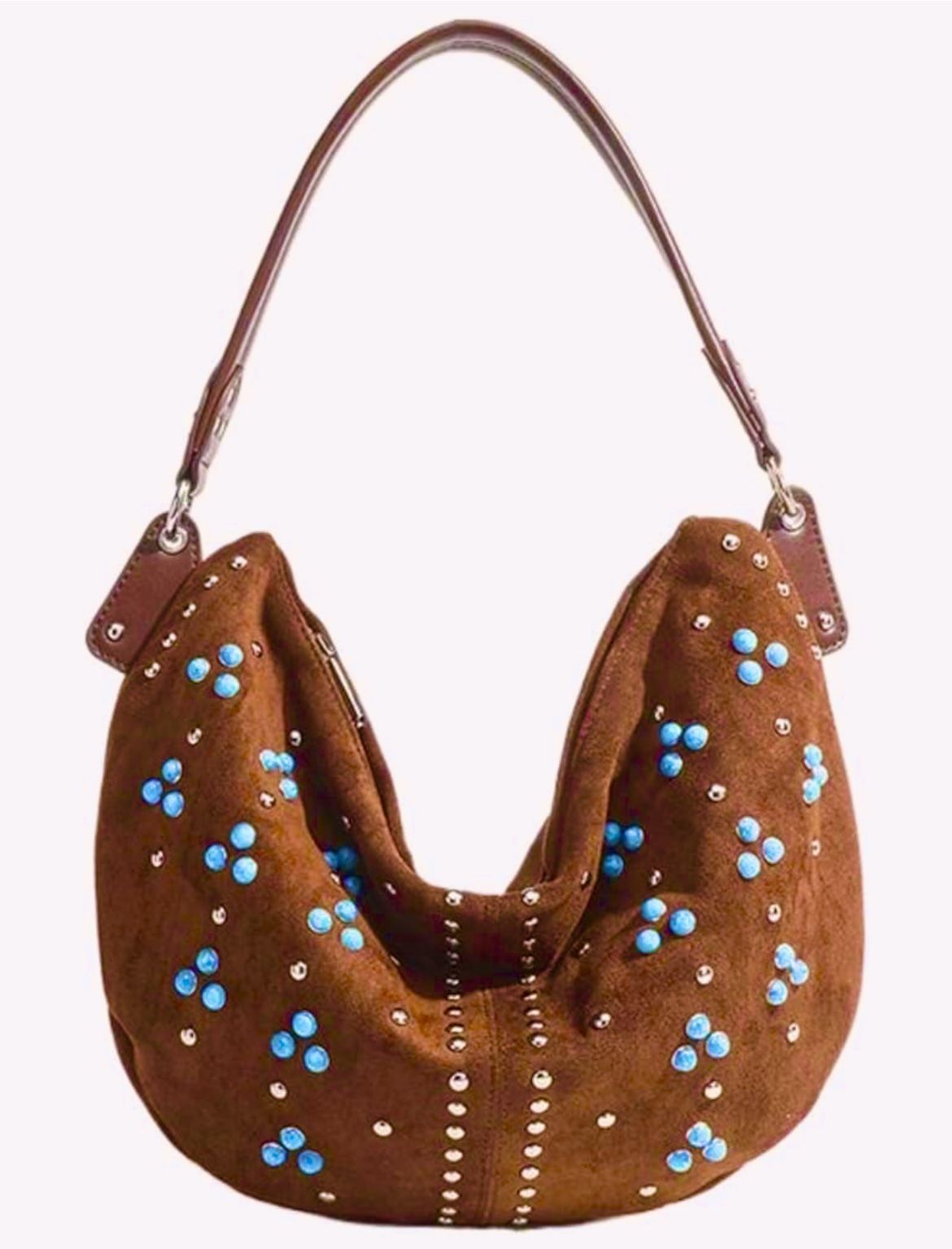 Brown Suede Studded Boho Shoulder Bag - NEW