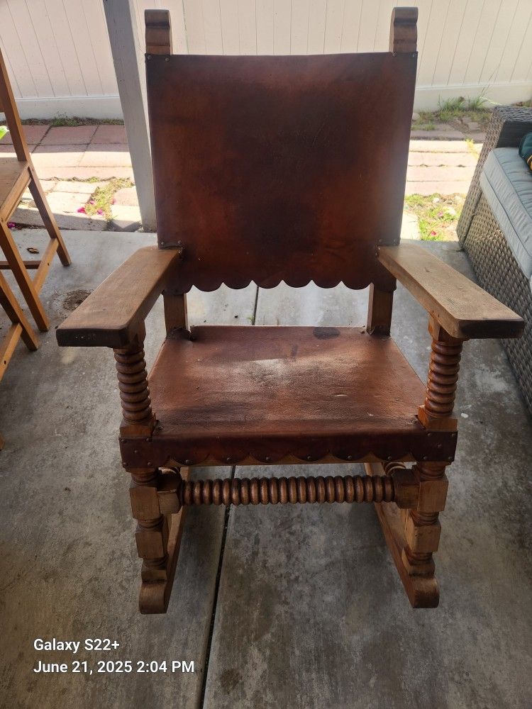 Mom and Pop Mexican Spanish Style Rocking Chair Venadillo Wood And Leather Circa 1940
