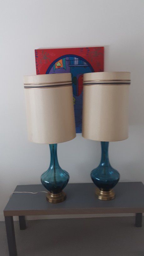 Vintage Mid Century Blue Blown Glass Lamps
