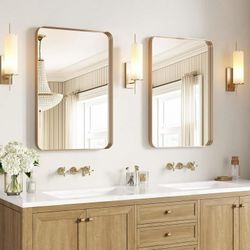 Gold 24×36" Mirror 2-Pack, Rounded Rectangular Aluminum Frame, Anti-Rust Tempered Glass, Horizontal