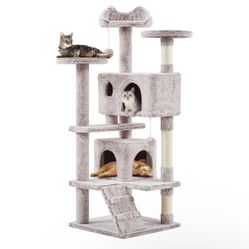 54in Cat Tree, Cat Tower with Double Cat Condo, Sisal Scratching Posts, and Dangling Balls, Cat Furniture Kitten Play House