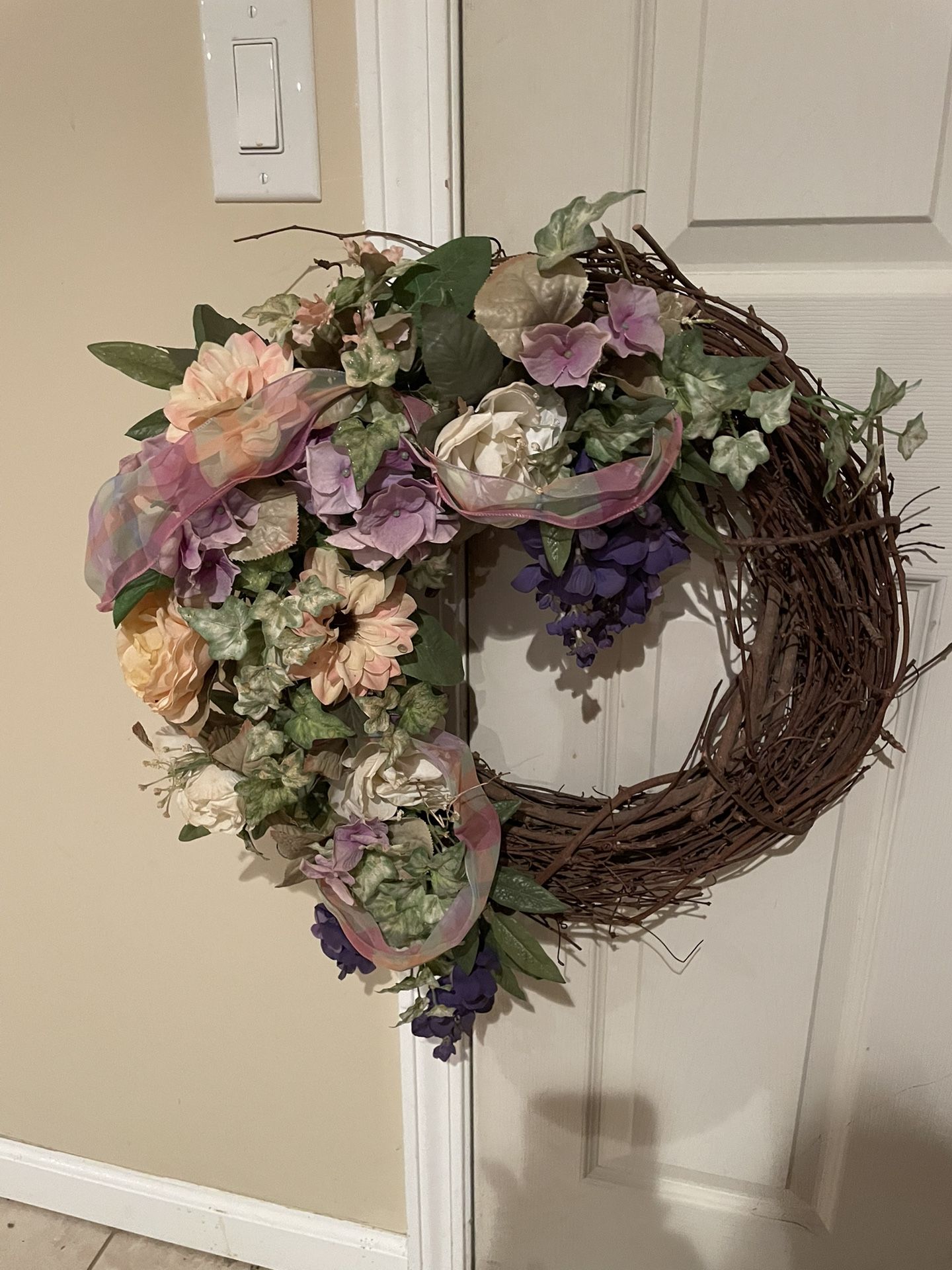 Pair Of Grapevine & Silk Flower Wreaths