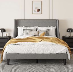 King size Upholstered Bed Frame  with Streamlined Wingback Headboard, Breathable Linen Fabric, Light Grey