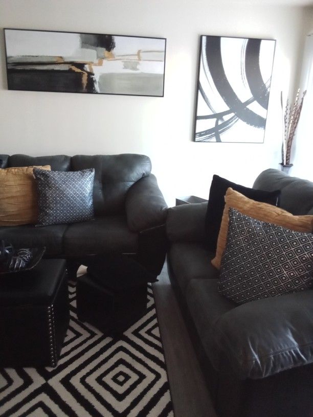 Smoke Grey And Leather Loveseat And Sofa