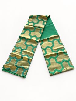 Vintage Japanese Fukuro Obi Emerald Green Gold Geometric Kimono Sash